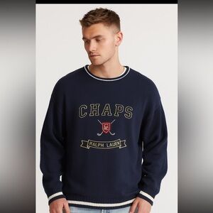 Chaps Ralph Lauren Crewneck Sweater Men Medium Navy Blue Logo Cotton Preppy